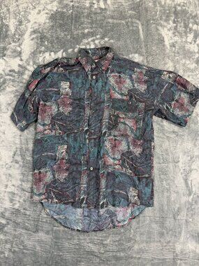 Protest Vintage Abstract Silk Button-Up Shirt Short Sleeve Mens S Multicolor